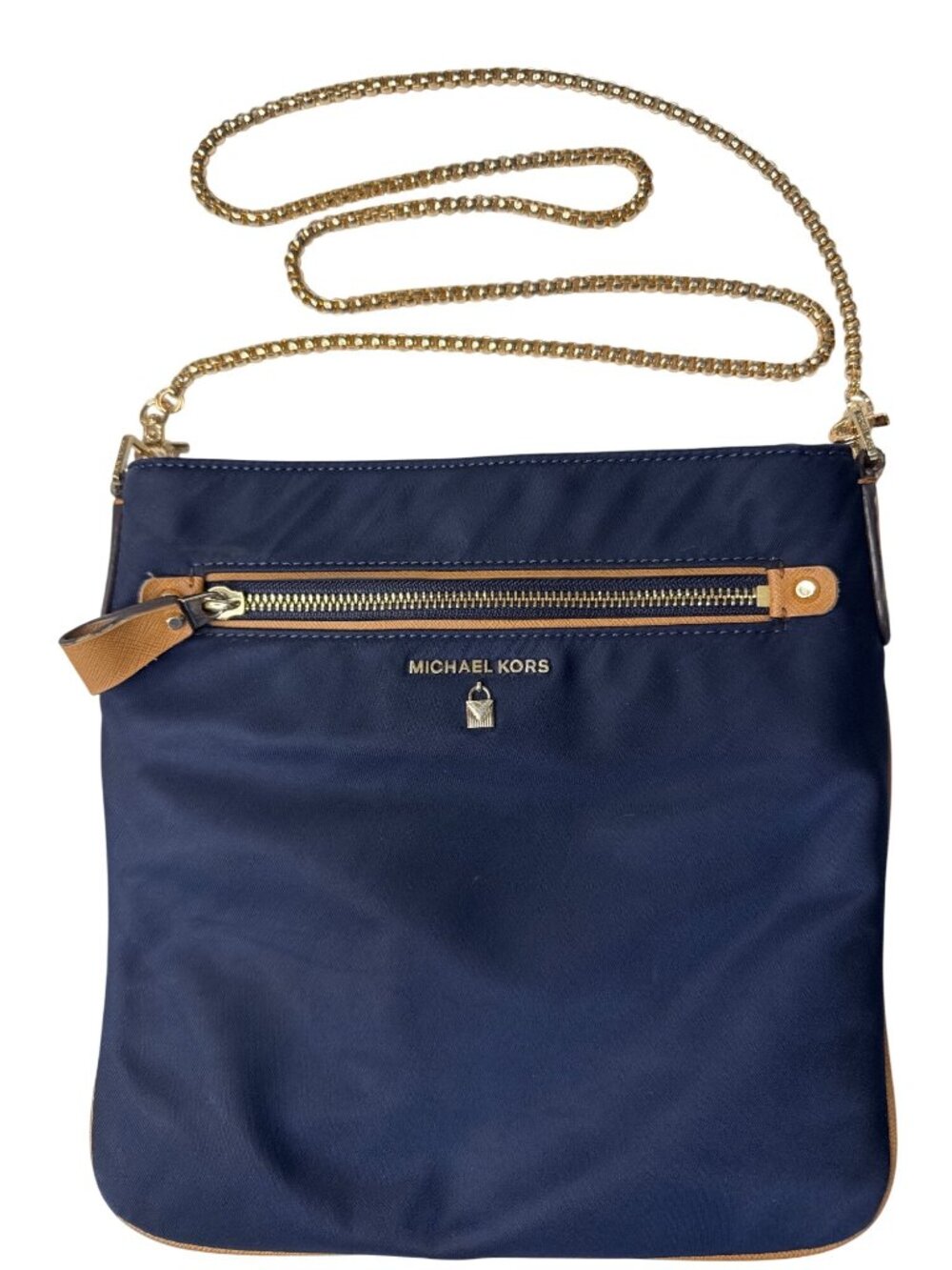 Michael Kors Navy Crossbody Bag With Gold Chain Strap & Tan Accents